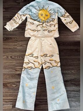 Sun & Clouds Two-Piece Lounge Set in Cream, Sky Blue & Gold